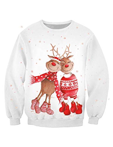 KIACIYA Sudadera Navidad Mujer, Ropa Navidad Unisex Hombre Sudadera Navidad Pareja Encantador Navidad Alce Santa Claus Impreso Jerseys 3D Impresión Navidad Ropa Casual Sweatshirt Pulóver (11-4,M)