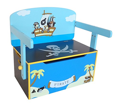 Kiddi Style Caja Almacenaje Juguetes + Banco y Mesa + Silla – Diseño Piratas - Convertible - Madera - par ninos
