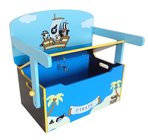 Kiddi Style Caja Almacenaje Juguetes + Banco y Mesa + Silla – Diseño Piratas - Convertible - Madera - par ninos
