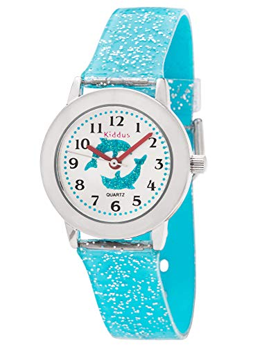 KIDDUS Reloj de Pulsera analógico para niña, Chica. con Ejercicios educativos para Aprender la Hora. Mecanismo de Cuarzo japonés Purpurina, Elegante y a la Moda. FAB10 Delfín