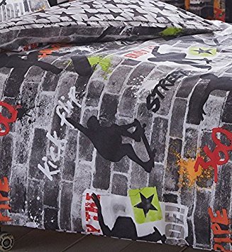 Kidz Club Adolescentes tamaño King Funda de edredón y 2 Funda de Almohada Juego de Ropa de Cama Cool Skateboards y Graffiti Almohada – Trucos, Color Gris
