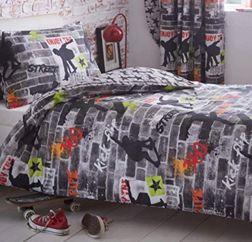 Kidz Club Teenagers Cama Individual Funda de edredón y Funda de Almohada Ropa de Cama Juego de Cama Cool Skateboards y Graffiti Almohada – Trucos, Color Gris
