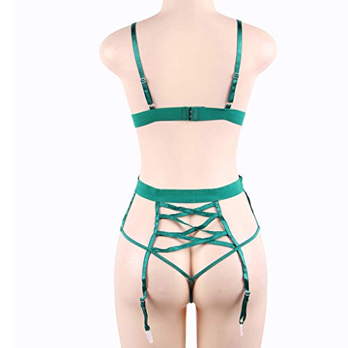 KIMODO Sexy New Plus Size Green Eyelash Teddy Lencería Tanga Liguero Conjunto con los Ojos vendados Medias Lencería Liguero Muslo Panti Medias