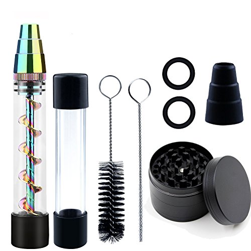 King Gift Twisty Glass Blunt – Viene con una botella de vidrio, un kit de limpieza, un molinillo de 5 cm – pipa de fumar para tabaco, hierbas secas, té, hojas de hierbas y especias (arco iris)