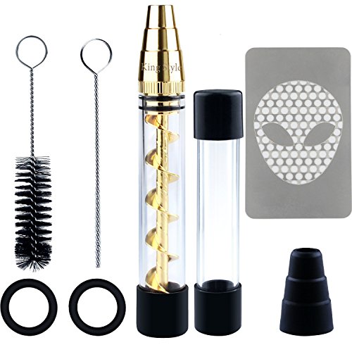 King Style - Pipa de cristal con diseño de espiral – Viene con una pipa de cristal, un triturador, un juego de limpieza – Pipa de fumar tabaco, hierbas secas, té, hierbas y especias dorado