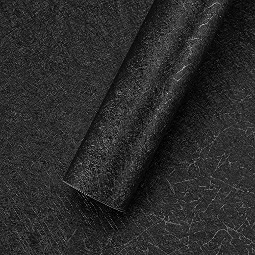KINLO 0.61 * 5m per Rollo Vinilo Adhesivo para Forrar Muebles con la Veta de Seda Cruda Bonita Negro Impermeable PVC Papel Pintado de Pared/Decoración Dormitorio Infantil/Cocina/Armario/Mesa/Puerta