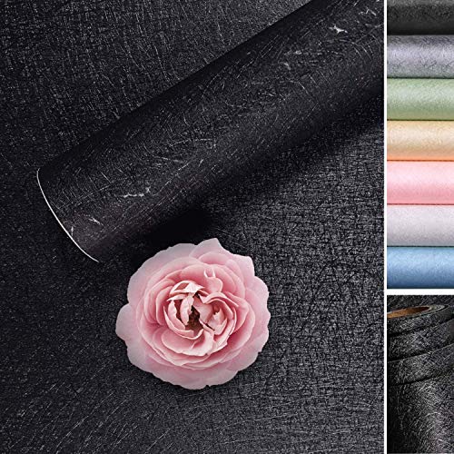 KINLO 0.61 * 5m per Rollo Vinilo Adhesivo para Forrar Muebles con la Veta de Seda Cruda Bonita Negro Impermeable PVC Papel Pintado de Pared/Decoración Dormitorio Infantil/Cocina/Armario/Mesa/Puerta