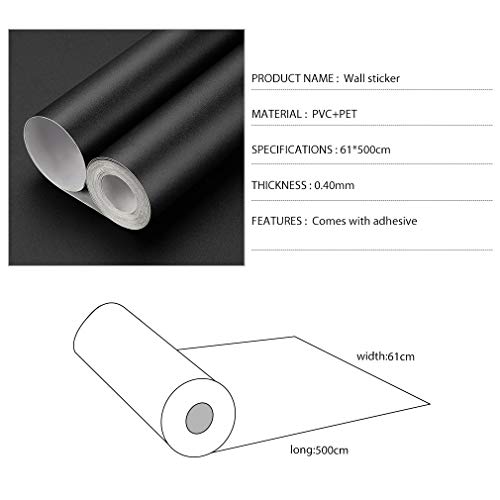 KINLO 61 * 500cm Pegatinas Decorativas de Puerta Muebles Vinilo Papel Adhesivo Negro Mate Aumento del Grosor Rollo Pintado Pared Impermeable de PVC para Dormitorio/Sala/Aparador, a Prueba de Agua