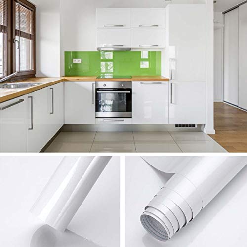 KINLO Papel Pintado Pared Blanco 0.61*5M per Rollo Autoadhesivo Dormitorio Moderno de PVC para Decorar y Proteger , Pegatina para Muebles/Cocina/Baño/Sala/Habitación, a Prueba de Agua de Moho