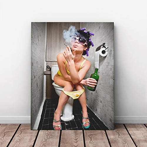 KINYNE Baño De Moda Mujer Sexy Cuadro sobre Lienzo Moderno Bar Girl Fumando Y Bebiendo En El Baño Cuadro De La Imagen del Cartel para El Hotel Hotel Decoración De Pared,A,50X60cm