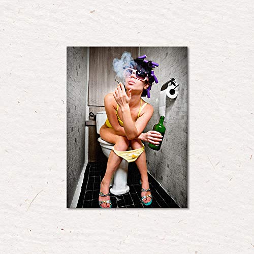 KINYNE Baño De Moda Mujer Sexy Cuadro sobre Lienzo Moderno Bar Girl Fumando Y Bebiendo En El Baño Cuadro De La Imagen del Cartel para El Hotel Hotel Decoración De Pared,A,50X60cm