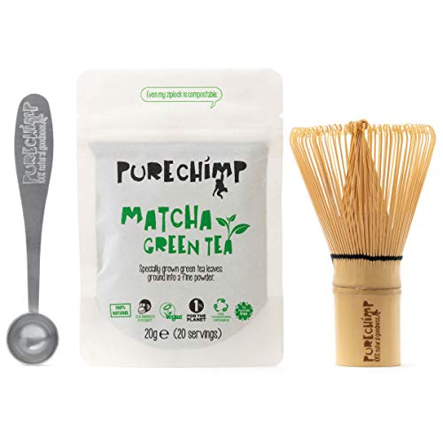 Kit Básico Matcha y Batidor/Set de Té PureChimp Matcha – Batidor de Bambú Japonés Tradicional + 20g Té Verde Matcha Premium + Cuchara medidora - Libre de Pesticidas