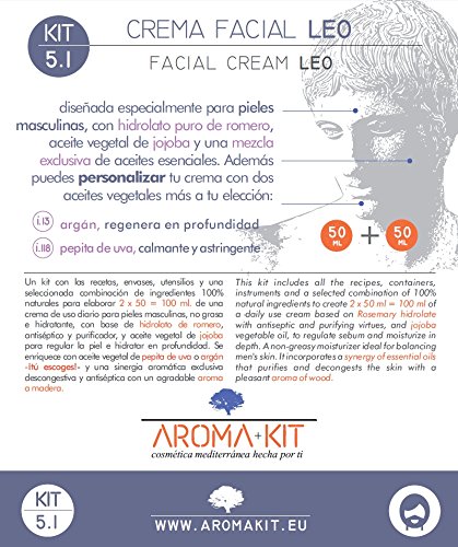 Kit Cosmética DIY Crema Facial Leo. Diseñada para Pieles Masculinas, una Crema Facial en un Kit Todo incluído de cosmética 100% Natural, mediterránea y Creativa Hecha por tí
