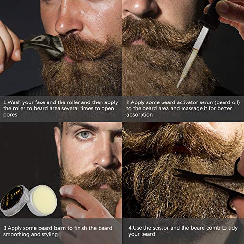 Kit crecimiento de barba, rodillo de derma para barba + suero activador de crecimiento de barba + bálsamo para barba + peine para barba + tijeras para barba 5 en 1 regalo la barba