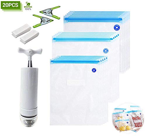 Kit De 20 Bolsas Selladas Al Vacío Para Alimentos (5xS,5xM,5xL) - Bolsa De Almacenamiento De Alimentos Reutilizable Con Doble Cremallera Y Etiqueta Para Tomar Notas - Bonificación: Bomba + 4 Clips