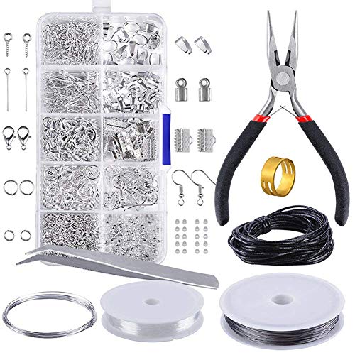 Kit de accesorios de joyería artesanal, conjunto de abalorios y joyería con alicates Herramientas para principiantes de bricolaje, suministros de hallazgos de joyería, plata