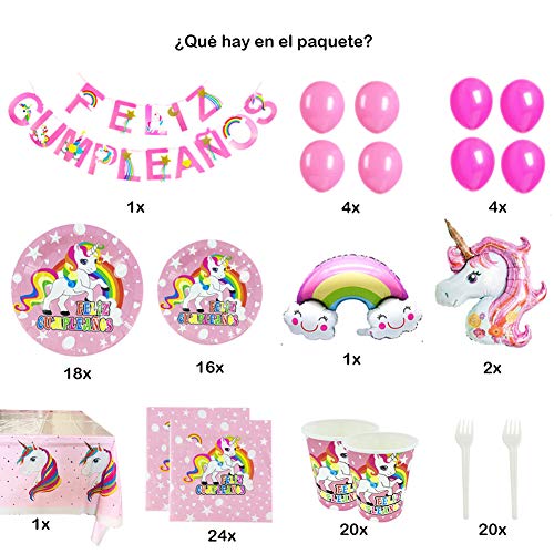Kit de Artículos para Fiesta Cumpleaños Infantil Niña Unicornio - Vajilla Desechable Rosa y Decoración - Incluye Platos,Vasos,Mantel,Servilletas,Tenedores,Globos y Guirnalda - 16 Invitados