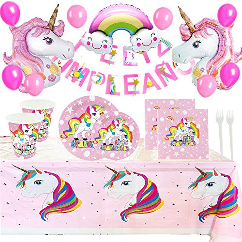 Kit de Artículos para Fiesta Cumpleaños Infantil Niña Unicornio - Vajilla Desechable Rosa y Decoración - Incluye Platos,Vasos,Mantel,Servilletas,Tenedores,Globos y Guirnalda - 16 Invitados