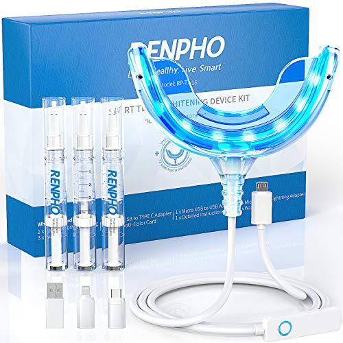 Kit de blanqueamiento dental RENPHO,Kit profesional de blanqueamiento dental de 16 LED&3 geles blanqueantes(4ml)Kit de blanqueamiento para un cuidado dental premium bucal para usar en casa y de viaje