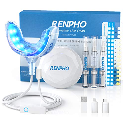 Kit de blanqueamiento dental RENPHO,Kit profesional de blanqueamiento dental de 16 LED&3 geles blanqueantes(4ml)Kit de blanqueamiento para un cuidado dental premium bucal para usar en casa y de viaje