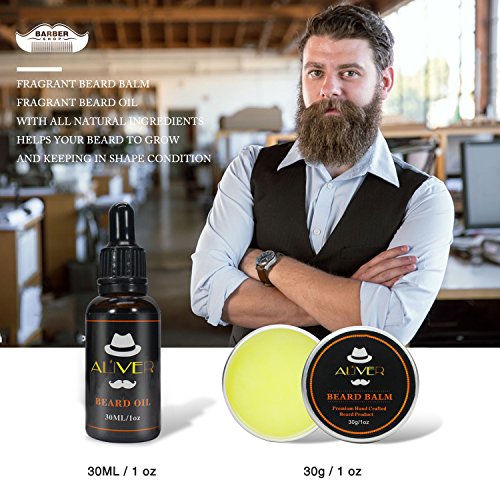Kit de cuidado de la barba con el cepillo de barba,Peine de barba,Aceite de barba ecológico (30 ml),Bálsamo de bigote (30 g),Tijeras de barba para hombres estilo modelado y crecimiento.