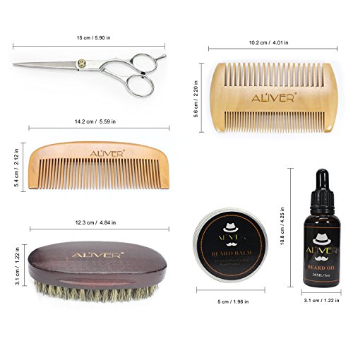 Kit de cuidado de la barba con el cepillo de barba,Peine de barba,Aceite de barba ecológico (30 ml),Bálsamo de bigote (30 g),Tijeras de barba para hombres estilo modelado y crecimiento.