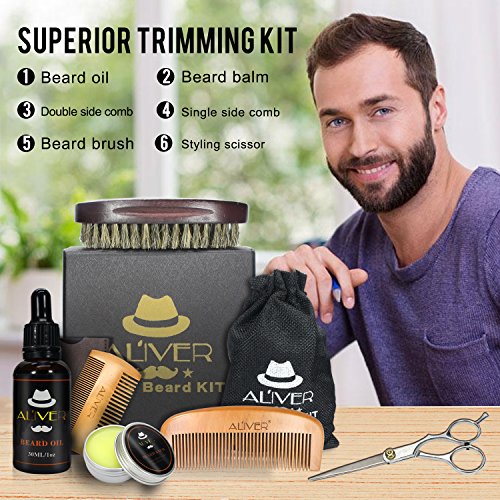 Kit de cuidado de la barba con el cepillo de barba,Peine de barba,Aceite de barba ecológico (30 ml),Bálsamo de bigote (30 g),Tijeras de barba para hombres estilo modelado y crecimiento.