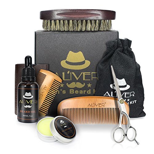 Kit de cuidado de la barba con el cepillo de barba,Peine de barba,Aceite de barba ecológico (30 ml),Bálsamo de bigote (30 g),Tijeras de barba para hombres estilo modelado y crecimiento.