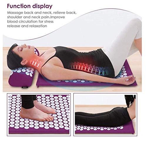 Kit de esterilla de acupresión con almohada, cojín de masaje para yoga, tratamiento alivio del dolor de espalda y cuello, 66 x 42 cm, color negro