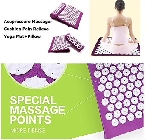 Kit de esterilla de acupresión con almohada, cojín de masaje para yoga, tratamiento alivio del dolor de espalda y cuello, 66 x 42 cm, color negro