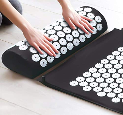 Kit de esterilla de acupresión con almohada, cojín de masaje para yoga, tratamiento alivio del dolor de espalda y cuello, 66 x 42 cm, color negro