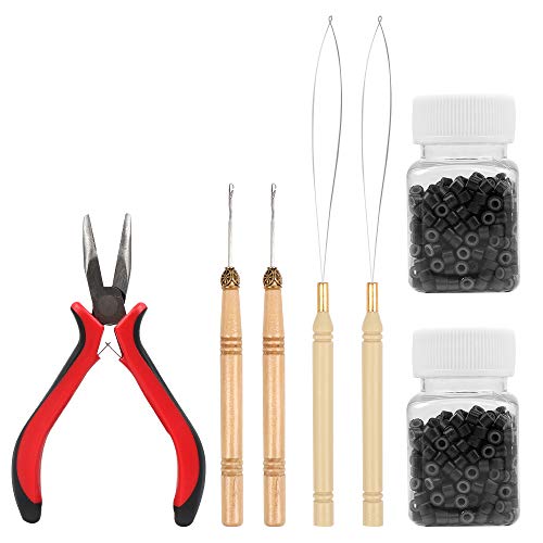 Kit de extensión de cabello Kit de alicates de 1000 piezas para cabello, juego de anillos de extensión de cabello, micro enlaces para extensión de cabello y salón de belleza (marrón oscuro)
