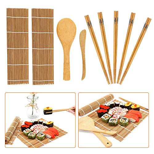 Kit de fabricación de sushi de bambú, 9 piezas, alfombrilla de bambú para sushi, incluye 2 alfombrillas de bambú para rodar, 5 pares de palillos de picar, 1 pala de arroz, 1 separador de arroz