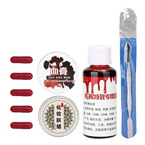 Kit de maquillaje de Halloween, plasma falso y cera cosmética, crema de sangre, cápsula y espátula, kit de efecto de maquillaje de hoja de cicatriz de sangre de herida falsa