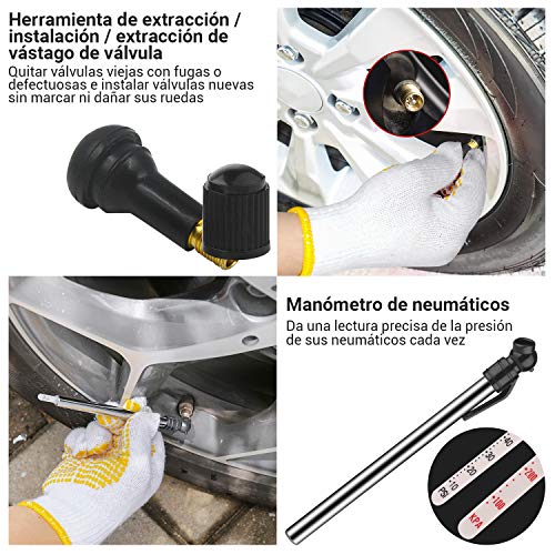 Kit de Reparación de Neumáticos 100pcs, TECCPO Reparación de Neumáticos con Mechas para llantas, Herramientas Automotrices Punción Multifuncional con Maleta Negra, Guantes, Clavos de Reparación Rápida