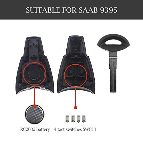Kit de reparación para llaves de coche compatible con llave a distancia Saab 9-3, 9-5, 4 botones (hoja no cortada)