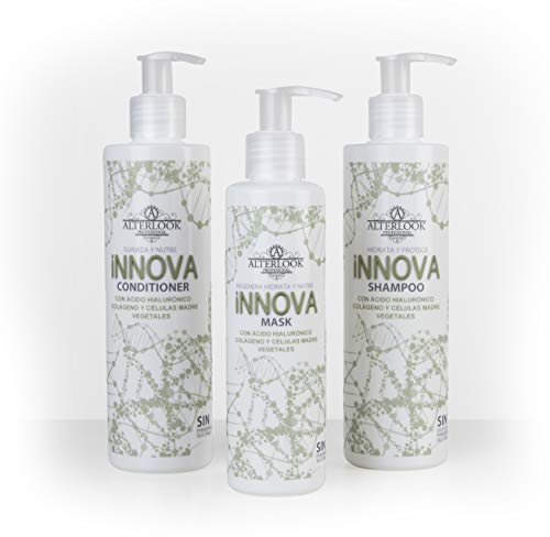 Kit de tratamiento hidratante INNOVA. Champú + Acondicionador + Mascarilla de tratamiento a profundidad con ácido hialurónico, colágeno y células madres vegetales para todo tipo de cabello