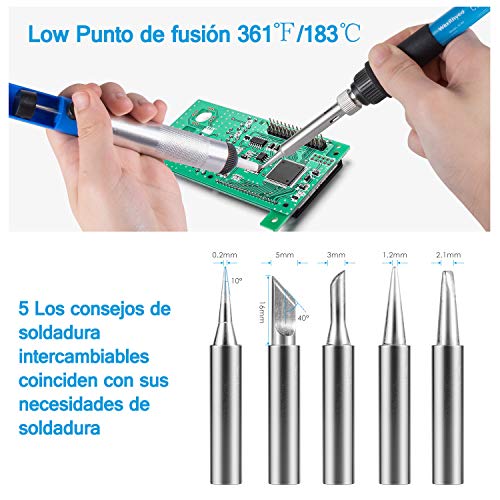 Kit del Soldador WaxRhyed, soldador electrico 16 in 1, 220V 60W Temperatura Ajustable 200℃~450℃,5pcs Puntas,Bomba Desoldadora,Soporte,Pinzas Antiestáticas, Destornillador, Alambre de Soldadura kit