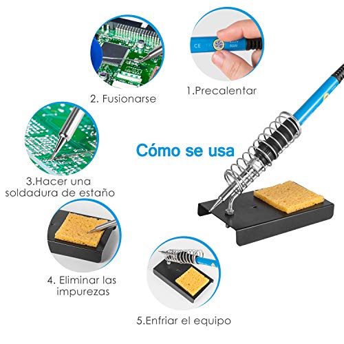 Kit del Soldador WaxRhyed, soldador electrico 16 in 1, 220V 60W Temperatura Ajustable 200℃~450℃,5pcs Puntas,Bomba Desoldadora,Soporte,Pinzas Antiestáticas, Destornillador, Alambre de Soldadura kit