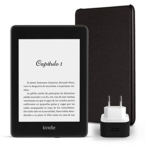 Kit Esencial Kindle Paperwhite, incluye un e-reader Kindle Paperwhite, 8 GB, wifi, con ofertas especiales, una funda Amazon de cuero en color negro y un adaptador de corriente Amazon PowerFast