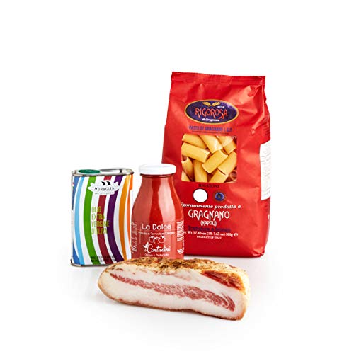 Kit receta "Pasta all'amatriciana", con Guanciale (bacon), rigatoni Pasta, Salsa de Tomate y Aceite de Oliva extra virgen, Salumi Pasini