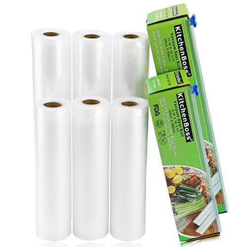 KitchenBoss Bolsas de Vacío 6 Rolls 20x500cm y 28 * 500cm con Caja de Corte (No Más Tijeras) para Almacenaje de Alimentos,Sous Vide Cocina, BPA Free