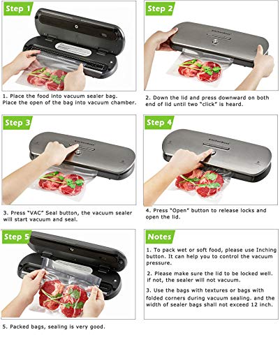 KitchenBoss Envasadora Máquina Selladora de Vacío para Alimentos Secos y Húmedos Preservación Sistema de Sellado Automático por Vacío,Luces Indicadoras LED Inteligentes, Función de Vacío Manual