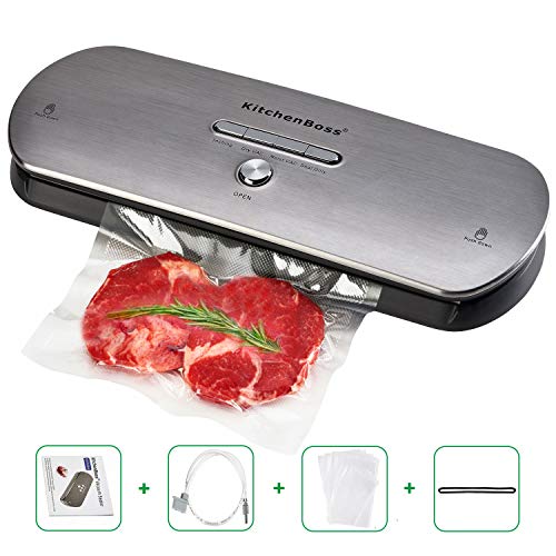 KitchenBoss Envasadora Máquina Selladora de Vacío para Alimentos Secos y Húmedos Preservación Sistema de Sellado Automático por Vacío,Luces Indicadoras LED Inteligentes, Función de Vacío Manual