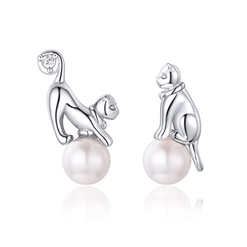 Kitty 3D Gato Pendientes Hipoalergénicos Clavos Asimétricos para Muchachas Gatos Sentados y Tendidos en Perla Pequeña Animal Cute Mono Regalo para Novia Hija Jovenes