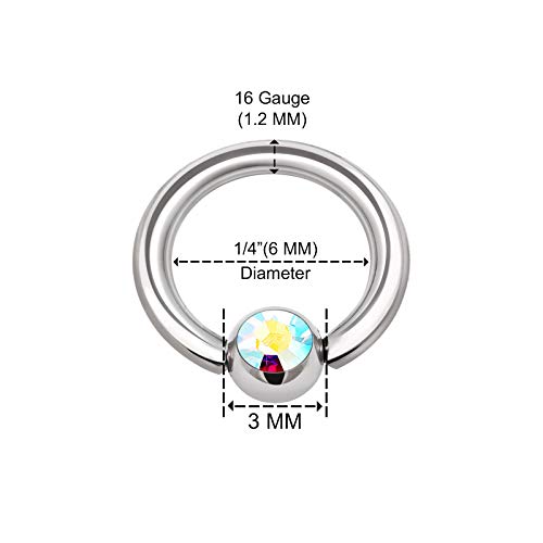 KJM FASHION 1336 - 3 piercings de acero quirúrgico BCR 1,2 mm 16 g 6 mm 1/4 3 mm bola de cristal cartilage tragus Nose Septum pendientes Eyebrow Piercing joyas