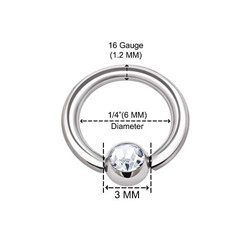KJM FASHION 1336 - 3 piercings de acero quirúrgico BCR 1,2 mm 16 g 6 mm 1/4 3 mm bola de cristal cartilage tragus Nose Septum pendientes Eyebrow Piercing joyas