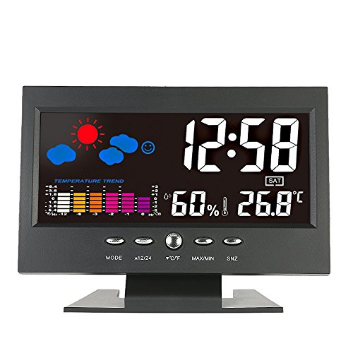 KKmoon ° C / ° F  Lcd Digital Medidor de Humedad de Temperatura Reloj Tendencia Del Calendario Alarma Nivel Comodidad  Pronóstico Del Tiempo Activado Por Vioce Iluminar Desde El Fondo Interior