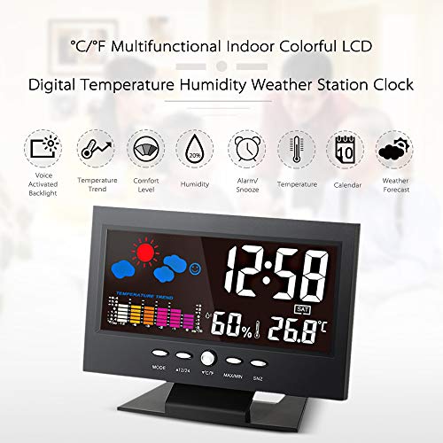 KKmoon ° C / ° F  Lcd Digital Medidor de Humedad de Temperatura Reloj Tendencia Del Calendario Alarma Nivel Comodidad  Pronóstico Del Tiempo Activado Por Vioce Iluminar Desde El Fondo Interior