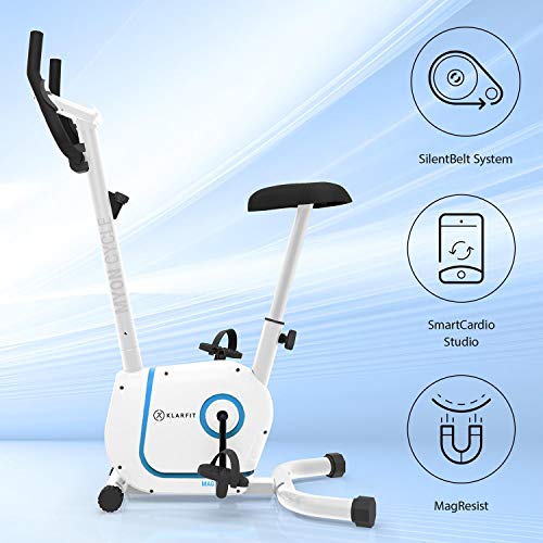 KLAR FIT Myon Cycle Bicicleta estática - Volante de inercia de 12kg, Tracción por Correa con tecnología Silent Belt, 8 Niveles, Pulsómetro, Altura Regulable, Soporte para Tablet, Blanco